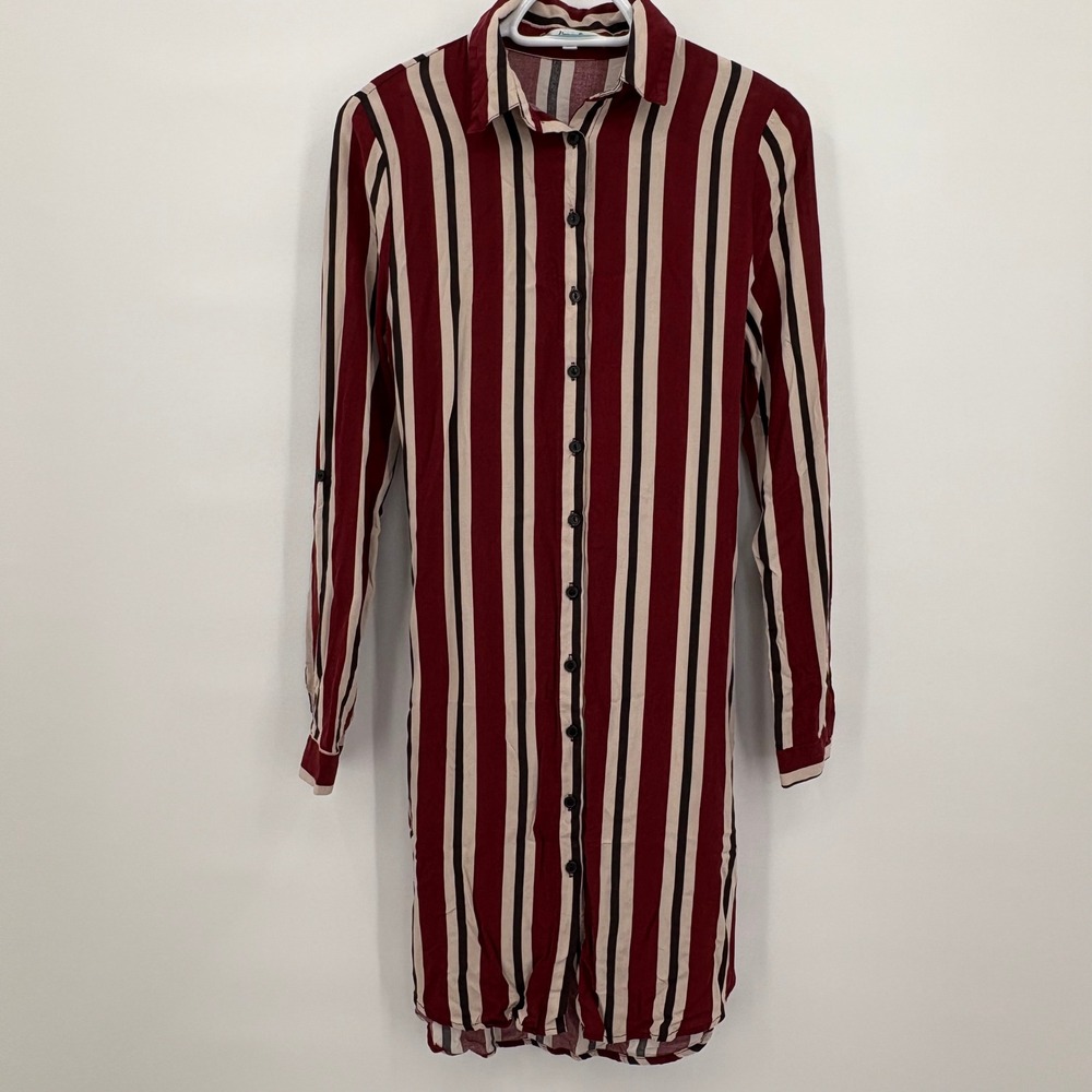 Papaya Womens Burgundy Striped Long Sleeve Button Front Shirt Dress Size M
